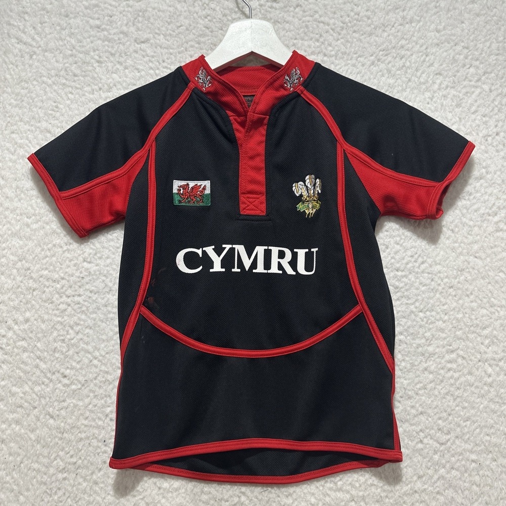 Welsh Rugby Boys XSB Shirt Wales‎ Cymru Manav Sports Top Black Red Short Sleeve